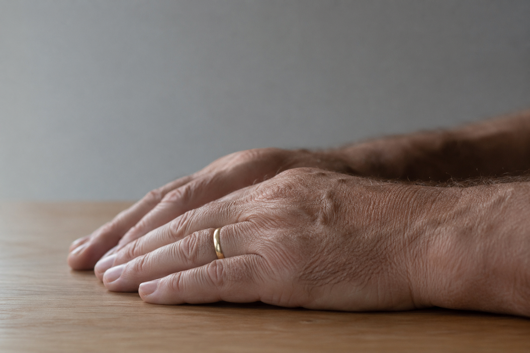 A pair of adult hands resting palm-down on a table