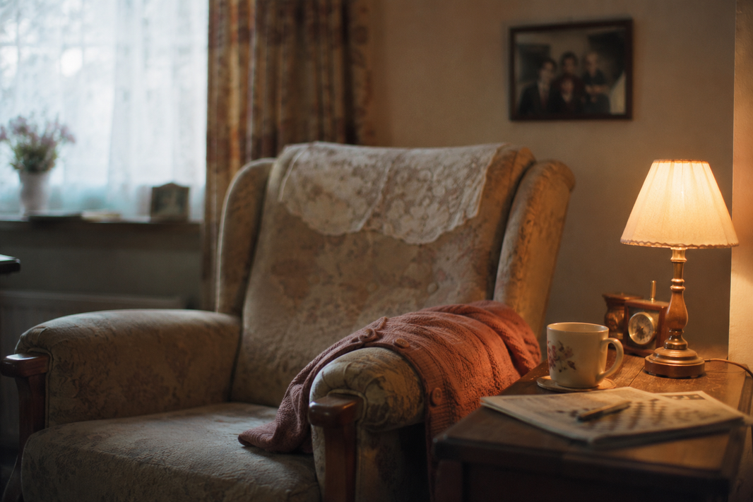 An empty armchair in a softly lit British sitting room. A      reading lamp on, a half-finished crossword on the side      table, a cardigan over the arm of the chair. Quiet, lived-in