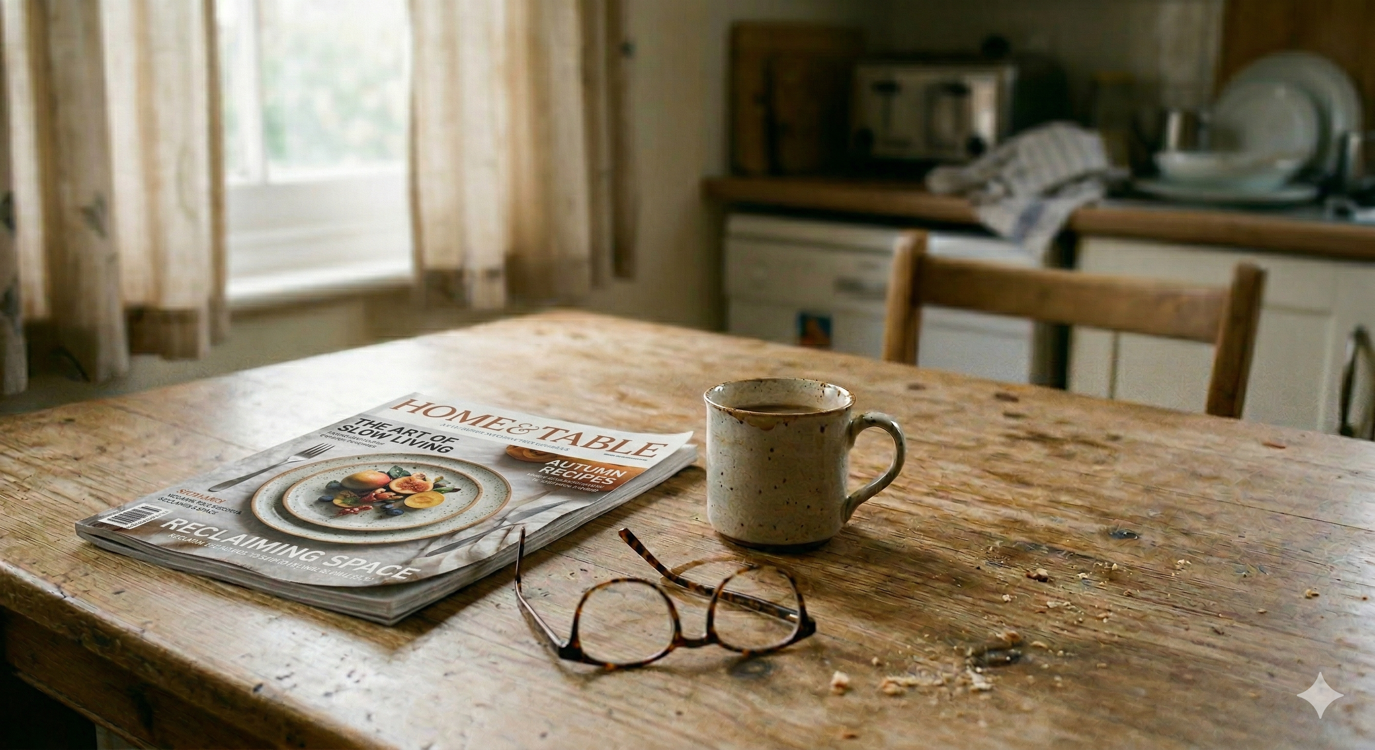 An older person's kitchen table in morning light, with a cup of tea and an open newspaper - the quiet markers of a daily routine